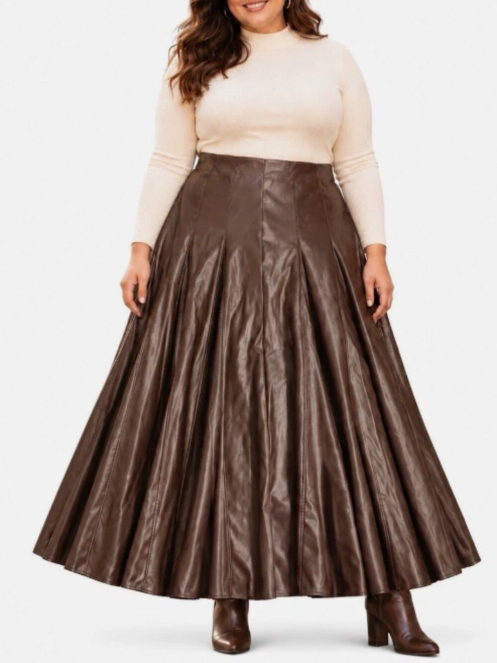 Worthington Brown Faux Leather Full Panel Midi Skirt Sz L NWOT